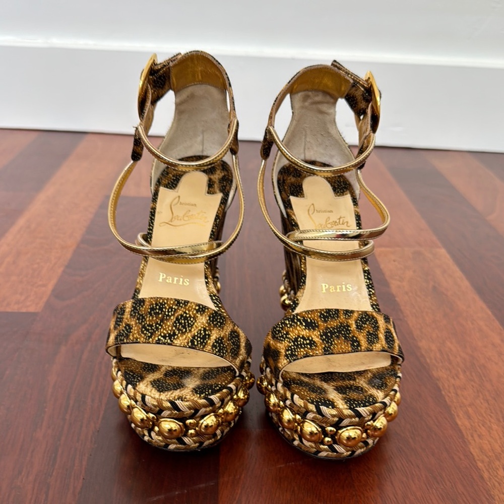 Christian Louboutin Brown and Gold Animal Print Wedge Heels